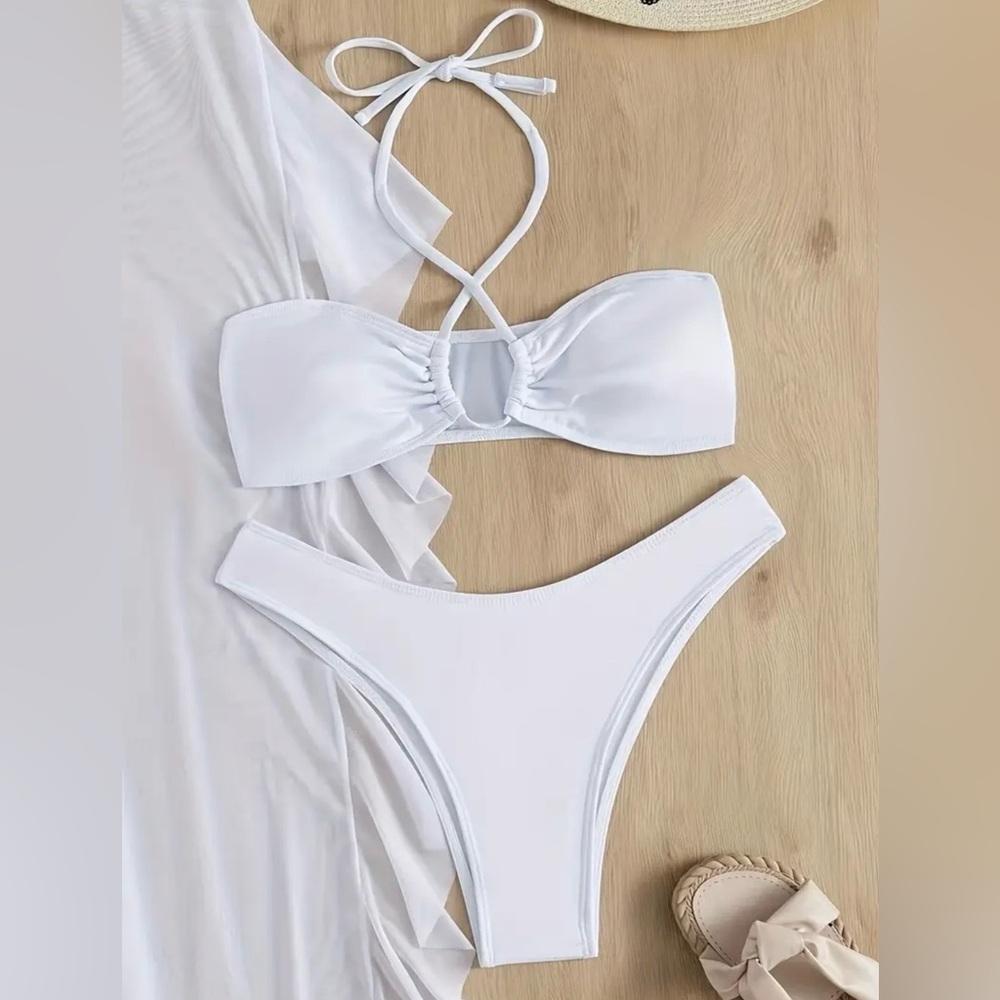 3pc White Crisscross Top Bikini Set with Sheer Mesh Ruffle Cover-Up Pants - Picture 3 of 12